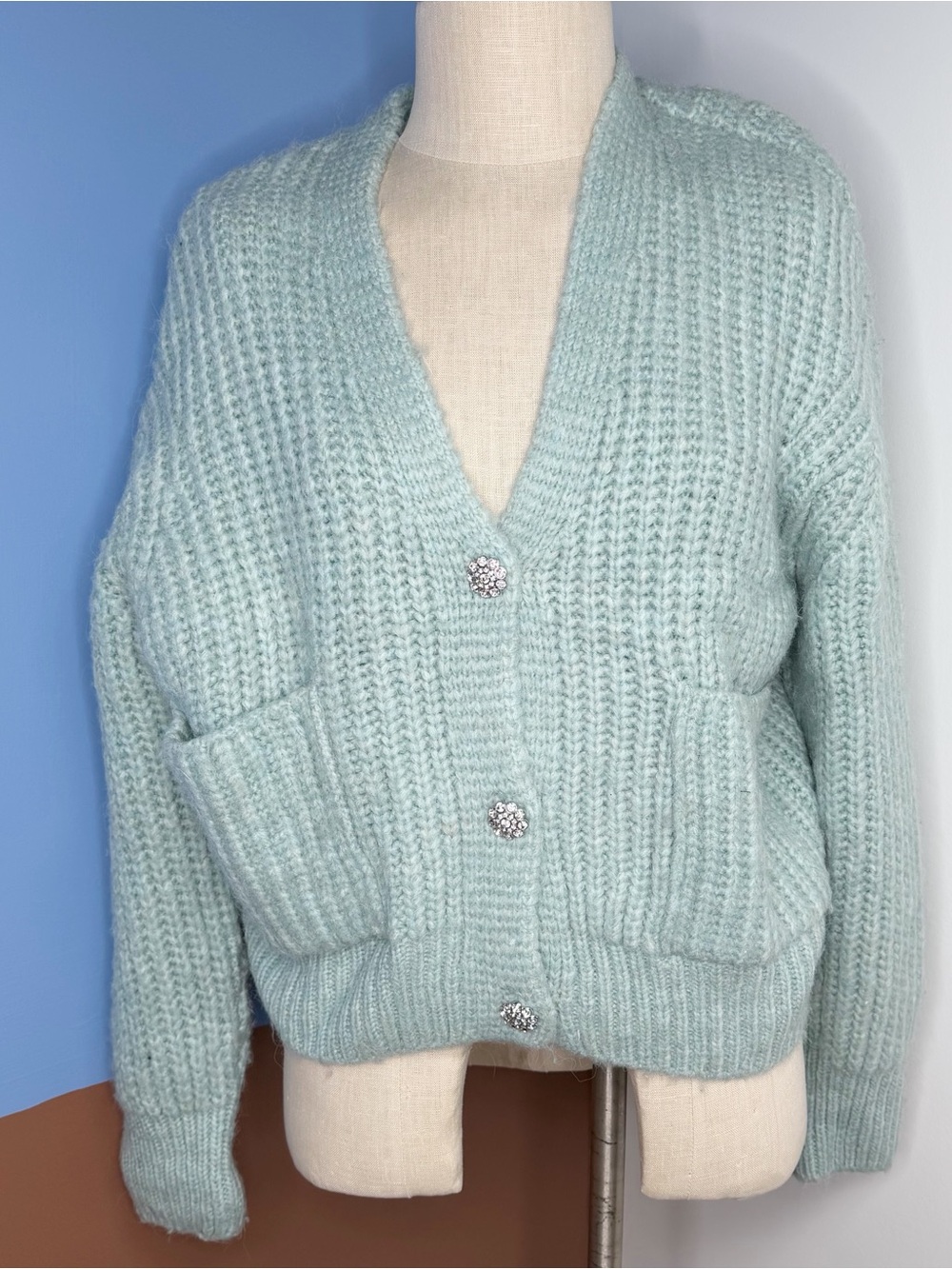 Zara Jewel Button Knit Cardigan Light Seafoam Green Chunky Sweater Size Medium